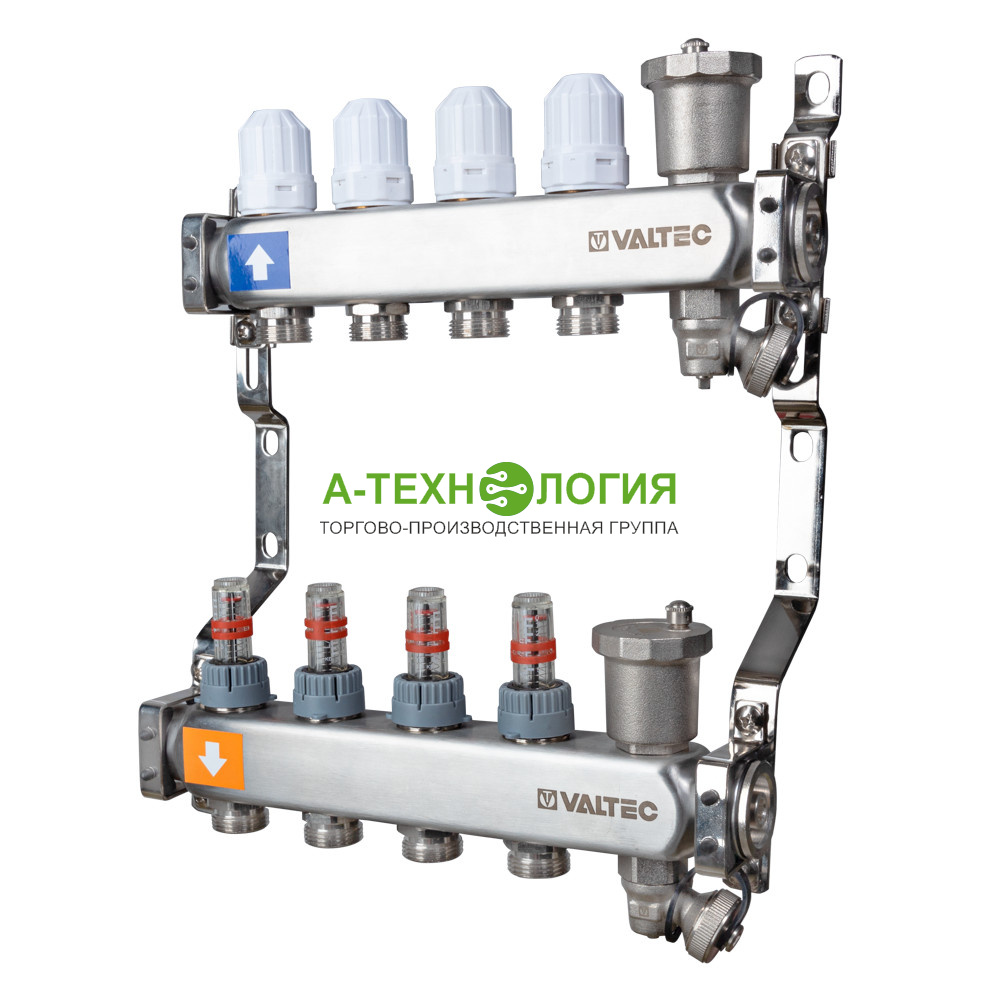 картинка VTc.579.EMNX.0609 Коллекторная группа с расходомерами из нержавеющей стали VALTEC 1" 9 отводов 3/4" А-Технология
