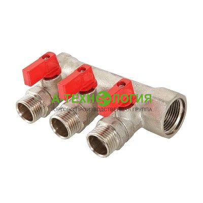 картинка VTc.580.N.0603 Коллектор с отсекающими кранами VALTEC 1"x3 выхода, 1/2" НР  А-Технология
