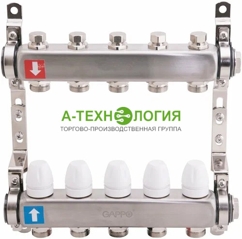 картинка G428.5 Коллекторная группа GAPPO 1" 05 отводов 3/4 с балансировочными кранами А-Технология