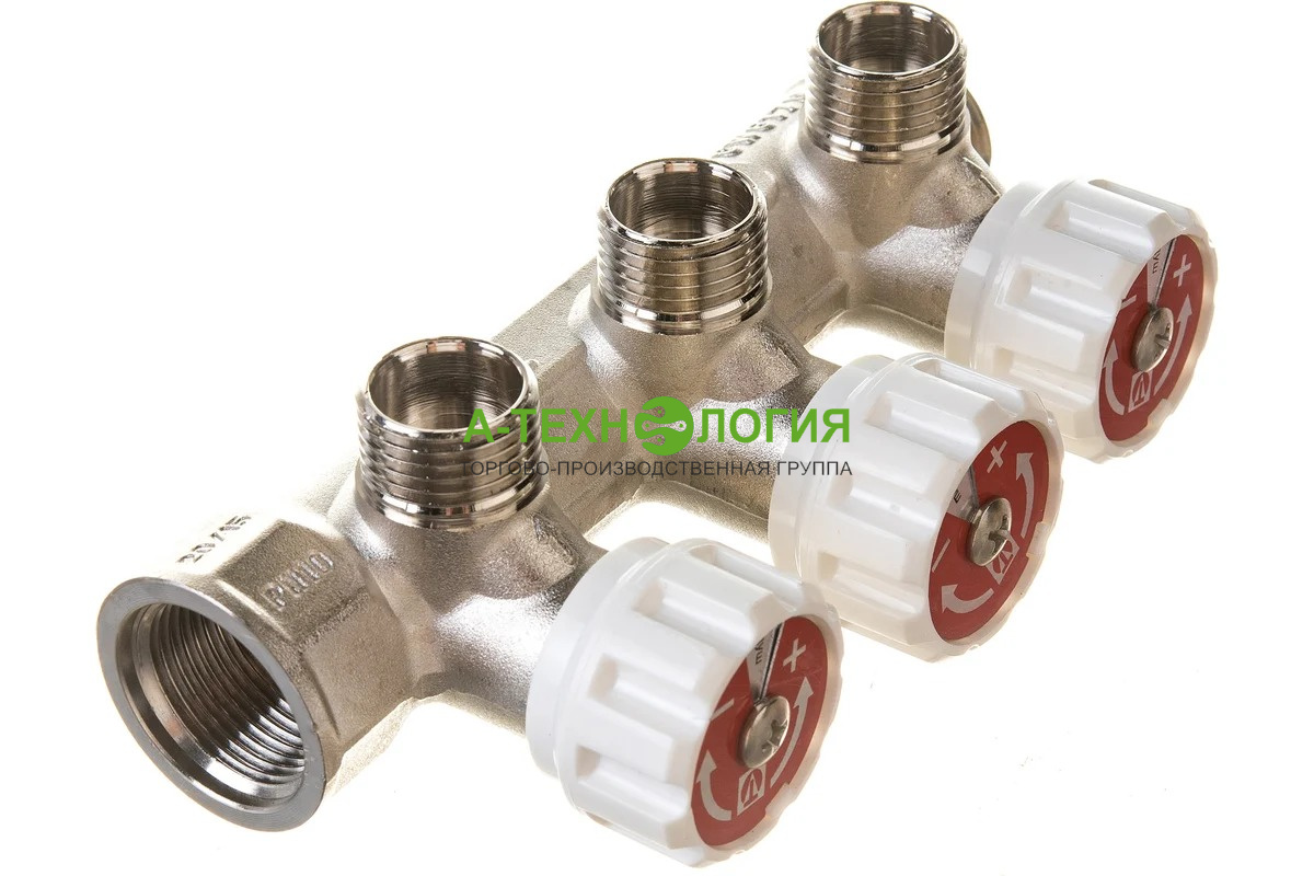 картинка VTc.570.N.0503 Коллектор регулирующий VALTEC 3/4"х3 выхода, 1/2" НР А-Технология
