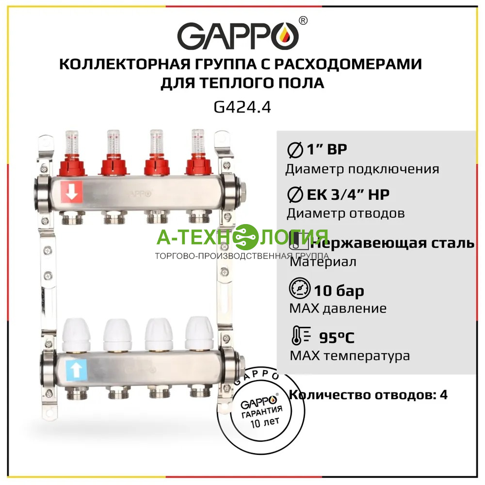 картинка G424.4 Коллекторная группа GAPPO 1" 04 отводов 3/4 с расходомерами А-Технология