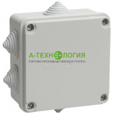 картинка Коробка распаячная КМ41233 для открытой проводки 100х100х50 мм  IP44 Серая, 6 гермовводов А-Технология